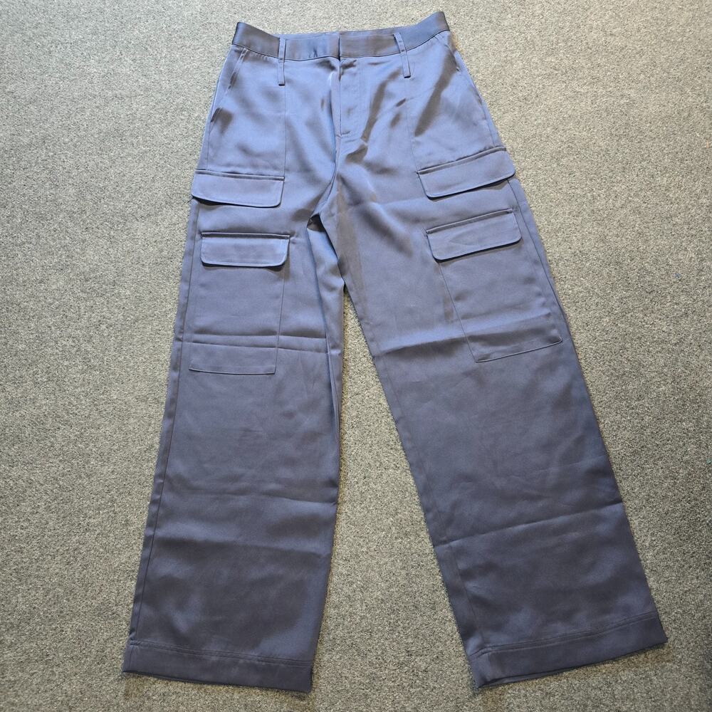 The Noli Shop Pants Womens Size 12 Blue Gray Satin Cargo Pocket Wide Leg Capsule